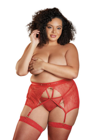 Porte jarretelles grande taille en dentelle rouge et string CHARISSA - 12-7012XR
